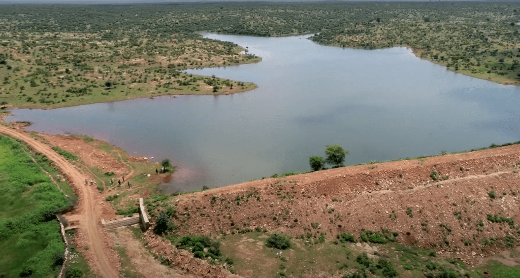 Screen shot of a johad in Maharajpur, Rajasthan from The Flow Partnership’s “Water for All” video [YouTube, 04:44 min]